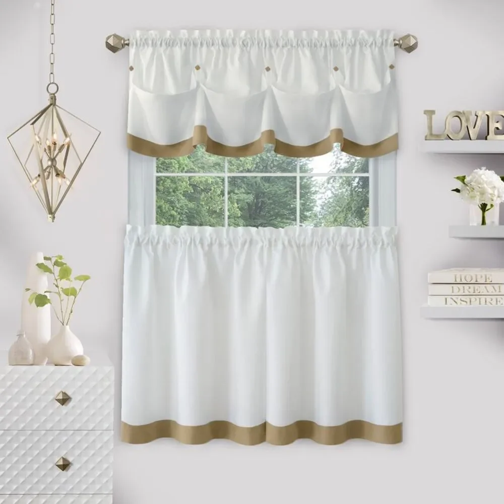PowerSellerUSA Two-Tone Tier Pair Panels and Valance Kitchen Curtains Set for